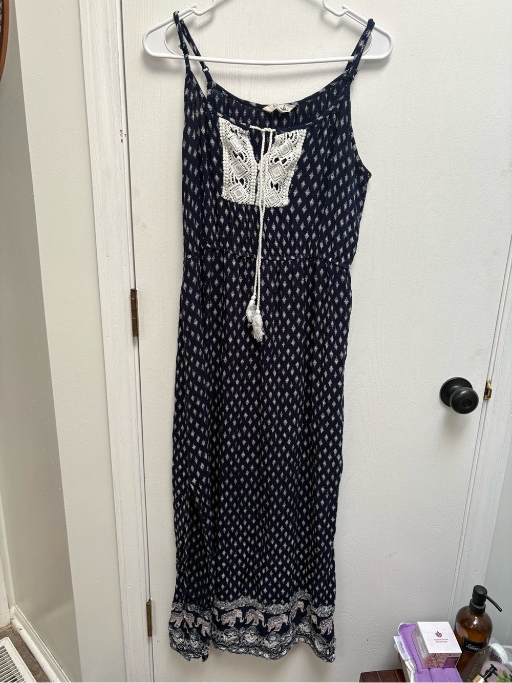 Navy Blue Boho Maxi Dress with White Crochet Yoke - cute elephants at bottom